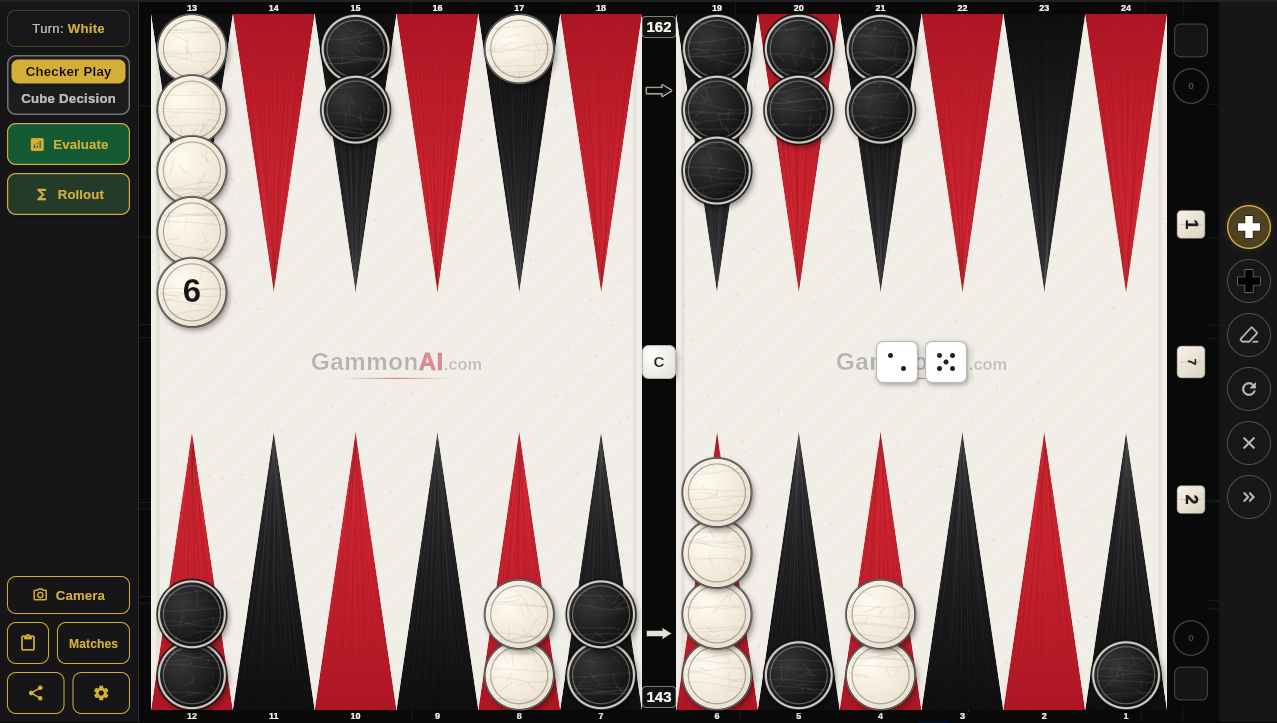 GammonAI board editor showing a backgammon position