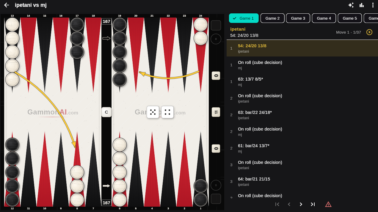 GammonAI match review with board and move list